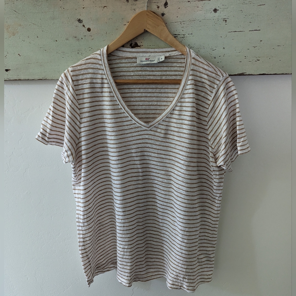 VINEYARD VINES I Tan & Creamy White Striped Linen V-Neck Short Sleeve Top, M - Picture 4 of 10